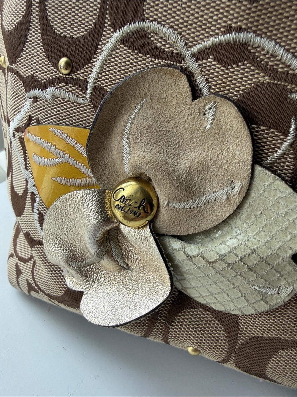 Coach Bleecker Tan Canvas Signature Tote with Floral Appliqués and Gold Handles - Picture 8 of 15